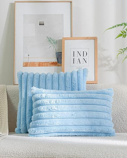 DEELAND Pack of 2,Double-Sided Faux Fur Plush Decorative Throw Pillow Covers Fuzzy Striped Soft Pillowcase Cushion Covers for Sofa Couch Bedroom Lightblue 12x20 inch