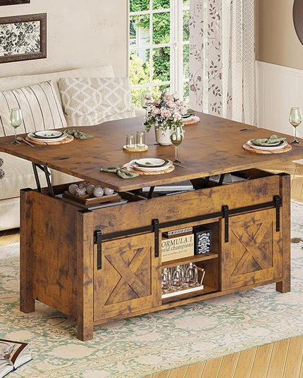 SEDETA Lift Top Coffee Table, 4 in 1 Convertible Coffee Tables with Storage and Hidden Compartment for Living Room, Farmhouse Coffee Table Converts to Dining Table, Dining Reception Room, Rustic Brown