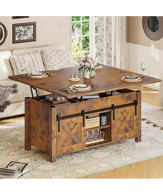 SEDETA Lift Top Coffee Table, 4 in 1 Convertible Coffee Tables with Storage and Hidden Compartment for Living Room, Farmhouse Coffee Table Converts to Dining Table, Dining Reception Room, Rustic Brown