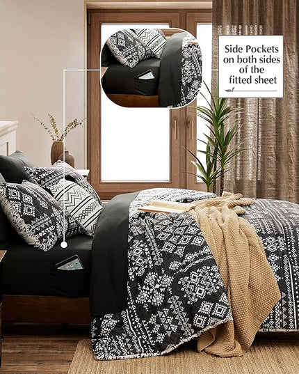 Geniospin King Size Comforter Set- 7 Pieces Boho Bed in a Bag, Western Bedding Set for All Seasons, Reversible Aztec Bedding, Lightweight Comforter Bed Set with Sheets, Pillowcases & Shams