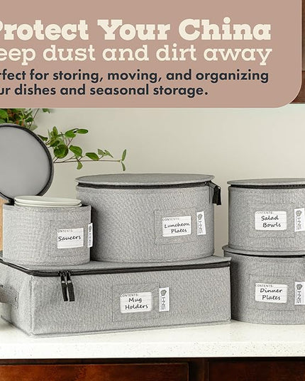 Hard Shell China Storage Containers 5-Piece Set Moving Boxes for Dinnerware, Glasses, Plates, Mugs and Saucers Sturdy Dish Organizer with Dividers for Seasonal Storage - Service for 12 - Gray