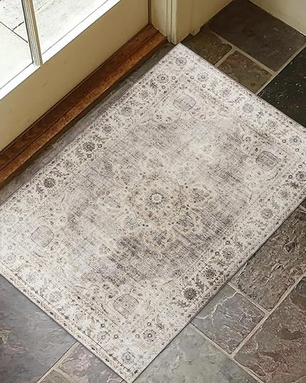 ReaLife Rugs Machine Washable Area Rug - Living Room Bedroom Bathroom Kitchen Entryway Office - Padded Crease Free Stain Resistant Premium - Boho Farmhouse Vintage- Joy- Beige Ivory - 2'x 3'