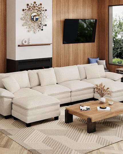 157-Inch U Shaped Sectional Sofa with Cloud Cushions, Deep Seat Modular Couch Set w/ 6 Seats & 2 Ottomans, Removable Arms, Plush Corduroy Upholstery for Living Room, Apartment - Beige