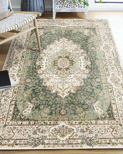 Green Rug 4'x6.5',Washable Area Rugs for Bedroom Living Room Kitchen Entryway,Small Boho Vintage Bohemian Distressed Non Slip Carpet,Floral