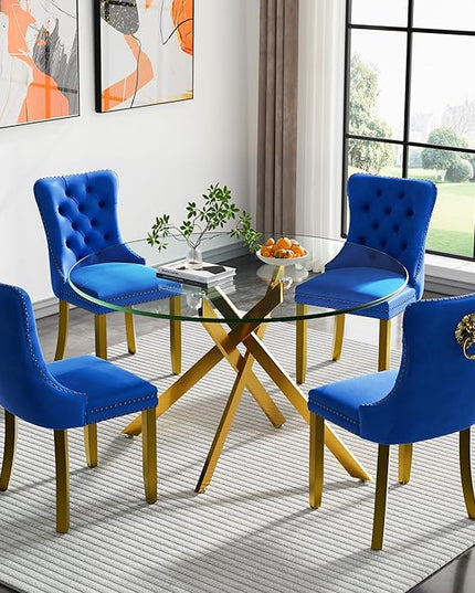 HomVent 5 Piece Round Glass Dining Table Set, Tempered Glass Dinner Table Set for 4 Kitchen Table Set with 4 Velvet Upholstered Chairs for Kitchen Dining Room