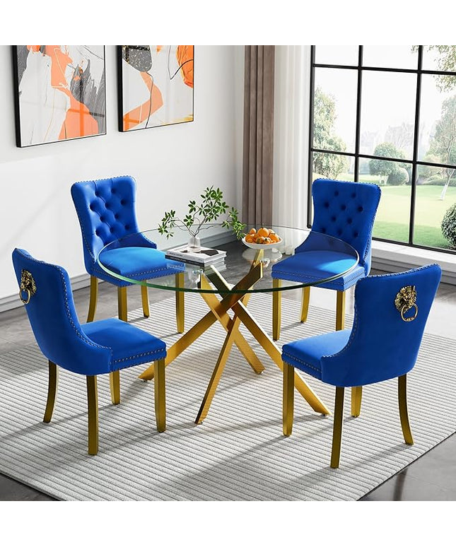 HomVent 5 Piece Round Glass Dining Table Set, Tempered Glass Dinner Table Set for 4 Kitchen Table Set with 4 Velvet Upholstered Chairs for Kitchen Dining Room