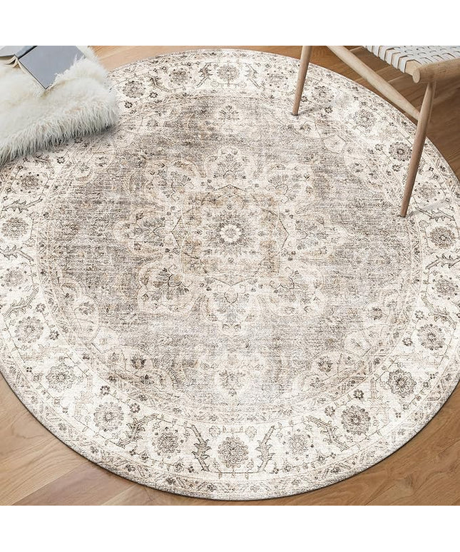 ReaLife Rugs Machine Washable Area Rug - Living Room Bedroom Bathroom Kitchen Entryway Office - Padded Low Pile Stain Resistant Premium - Boho Farmhouse Vintage - Joy - Beige Ivory 6' Round
