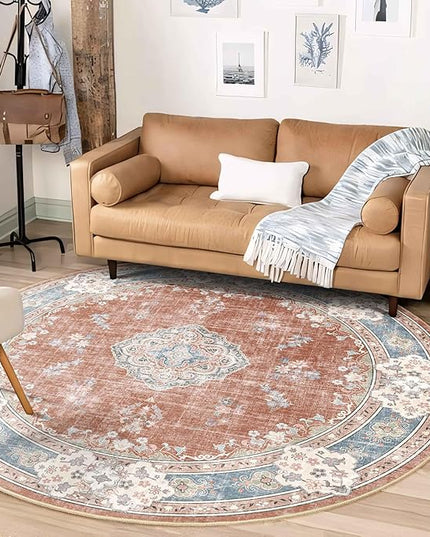 MUJOO Boho Round Rug 6ft,Circle Washable Area Rugs for Bedroom Living Room Bathroom, Large Vintage Distressed Non Slip Circular Carpet,Orange Navy Blue Floral