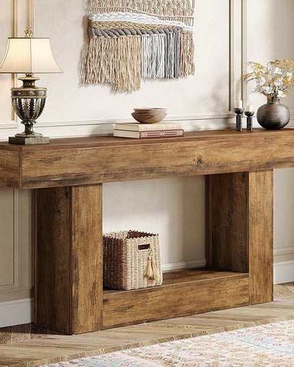 Tribesigns 63" Console Table, Farmhouse 2-Tier Entryway Table with U-Shaped Base, Narrow Long Wood Sofa Table Behind Couch Table for Living Room, Hallway, Foyer, Vintage Brown