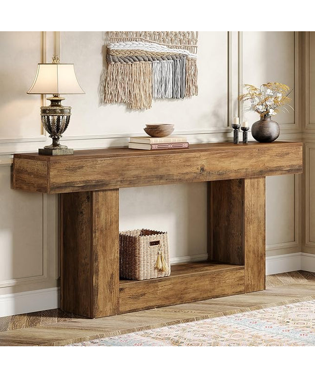 Tribesigns 63" Console Table, Farmhouse 2-Tier Entryway Table with U-Shaped Base, Narrow Long Wood Sofa Table Behind Couch Table for Living Room, Hallway, Foyer, Vintage Brown