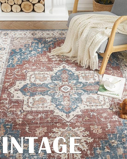 jinchan 5x7 Area Rugs for Bedroom - Machine Washable Tribal Vintage Floral Stain Resistant Ultra-Thin Low-Pile Non-Slip Distressed Carpet for Living Room Dining Room Kitchen