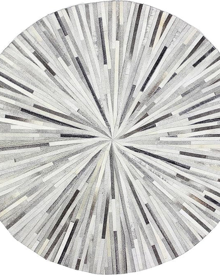 Premium Cowhide Leather Round Area Rug, Handmade Carpet for Living Room, Bedroom, Entryway, Stripes Pattern Rugs for High Traffic Areas Color: Grey, Size: 5X5 ft