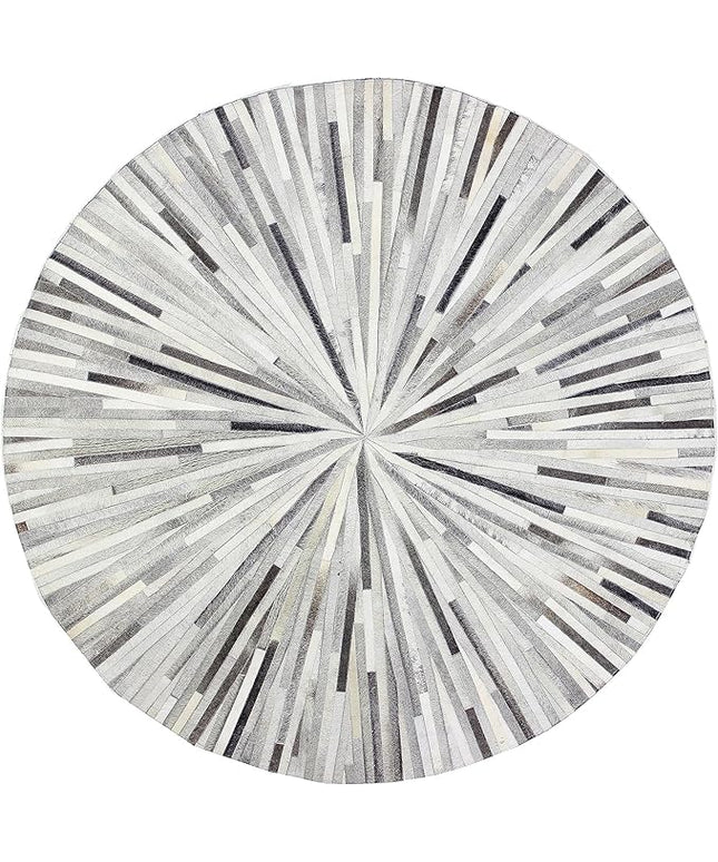 Premium Cowhide Leather Round Area Rug, Handmade Carpet for Living Room, Bedroom, Entryway, Stripes Pattern Rugs for High Traffic Areas Color: Grey, Size: 5X5 ft