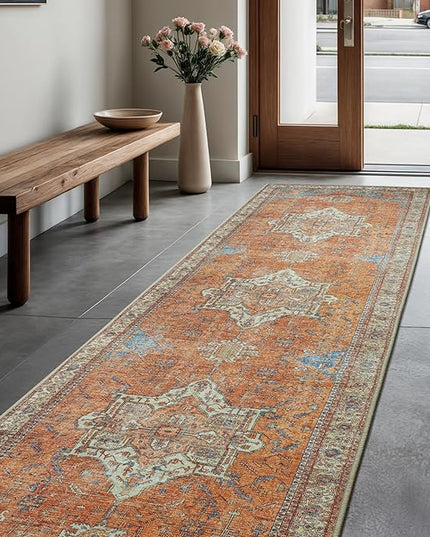 GLN Rugs Traditional Collection - Machine Washable Area Rug, Traditional Washable, Non Slip, Low Pile Chenille Rug, Living Room, Bedroom, Kitchen Rug (2'6"x10' Burnt Orange)