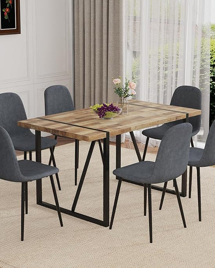 7 Piece Dining Table Set，Dinner Table Set for 6，55'' Kitchen Table and PU Leather Chairs Set of 6，6 Chair Dining Table Set for Kitchen Dining Room