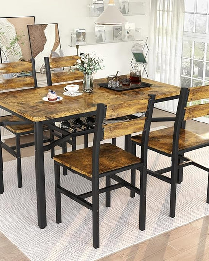 Hooseng Dining Table Set for 4, Wood Kitchen Table Chairs Set with Storage, Farmhouse 5 Piece Dining Room Table Set, Space-Saving Dinette Set for Breakfast Nook, Apartment