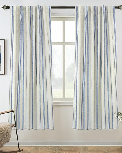DriftAway Farmhouse Linen Blend Blackout Curtains 63 Inches Long for Bedroom Vertical Striped Printed Linen Curtains Thermal Insulated Lined Treatments for Living Room 2 Panels W52 x L63 Linen Navy