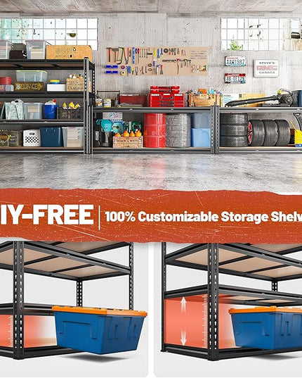 REIBII 48" W Garage Shelving Heavy Duty 2550 LBS Storage Shelves 4 Tier Heavy Duty Shelving, Adjustable Metal Shelves, Industrial Shelf for Garage, Warehouse, Pantry, 48" W x 60" H x 24" D