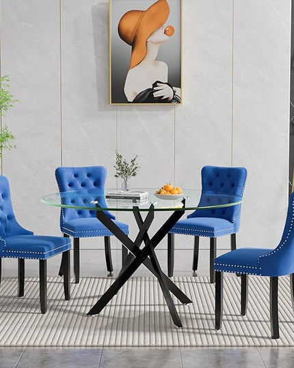 HomVent 5 Piece Round Glass Dining Table Set, Tempered Glass Dinner Table Set for 4 Kitchen Table Set with 4 Velvet Upholstered Chairs for Kitchen Dining Room