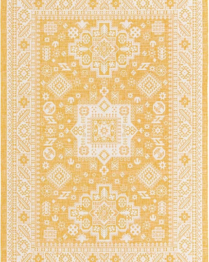 Rugs.com Outdoor Aztec Collection Rug – 7' x 10' Yellow Flatweave Rug Perfect for Living Rooms, Large Dining Rooms, Open Floorplans