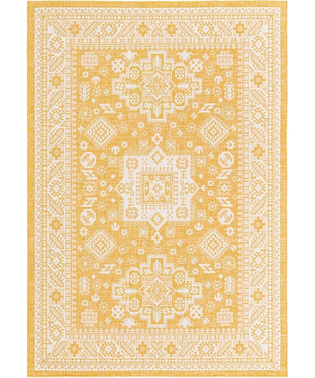 Rugs.com Outdoor Aztec Collection Rug – 7' x 10' Yellow Flatweave Rug Perfect for Living Rooms, Large Dining Rooms, Open Floorplans