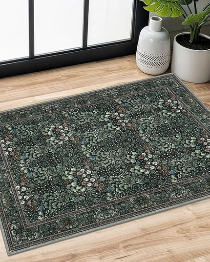 2x3 Washable Area Rug, Dark Green Soft Rug for Entryway, Non-Slip Indoor Door Mat Boho Low-Pile Kitchen Rugs, Floor Modern Carpet for Entrance Kitchen Bedside Farmhouse