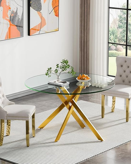 Round Glass Dining Table Set for 2, 47'' Clear Circular Kitchen Table and Chairs Set, 3PCS Modern Circle Dining Room Table Set with 2 Velvet Dining Chair for Home