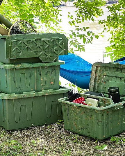 HOMZ 2-Pack Durabilt Tote, Heavy Duty Plastic Storage Bins with Lids, 15 Gallon, Green Camo - Stackable Organizing Containers for Home, Garage, and Office