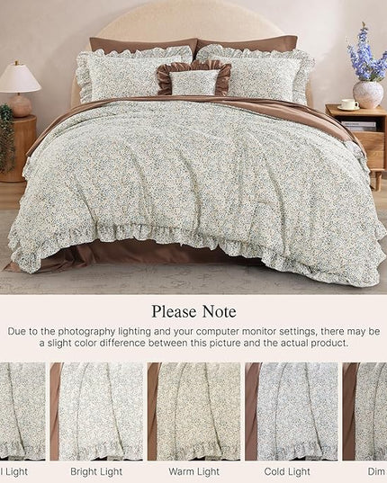 Full Comforter Set - 7 Pieces Ruffle Beige Ditzy Bedding Sets, Shabby Chic Farmhouse Bed in a Bag Full with Floral Comforter, Sheets, Pillowcases & Shams