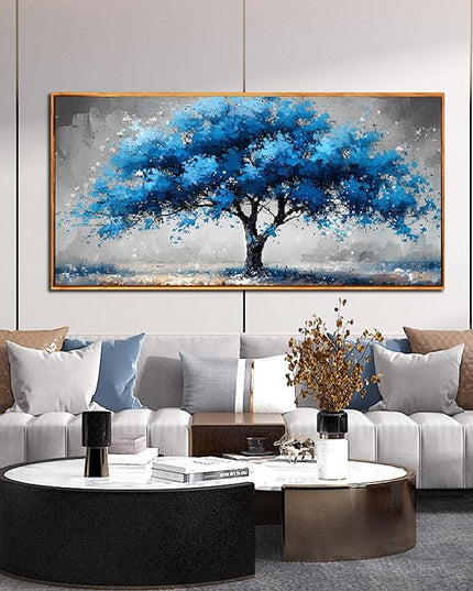 Ouzzlie Tree Wall Decor Light Blue Wall Art for Living Room Gray Painting Large Artwork 29" x 59"