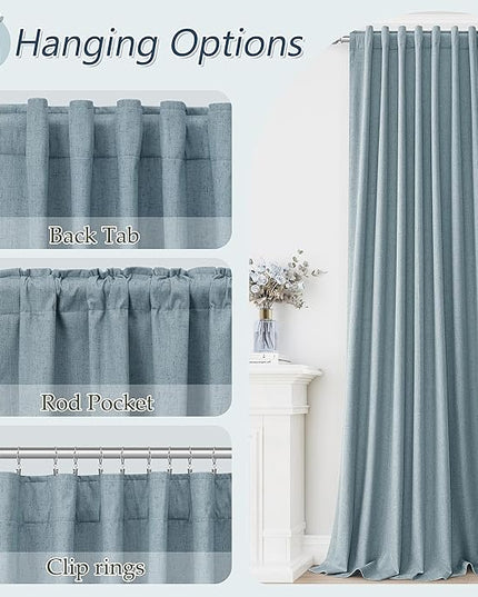 Guken Blue Linen Blackout Curtains 72 Inch Length 2 Panels Set for Living Room Bedroom Back Tab Thermal Insulated 100% Black Out Linen Drapes Room Darkening Window Curtains 72 Inches Long Dusty Blue