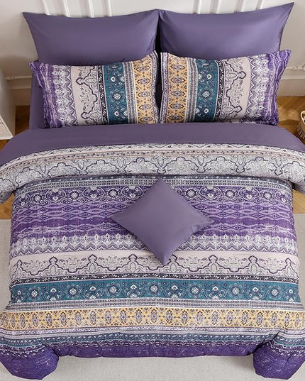 Cottolester Boho King Size Comforter Set 8 Pieces, Violet Bohemian Striped Bed in a Bag, Paisley Soft Microfiber Bedding Comforter Set
