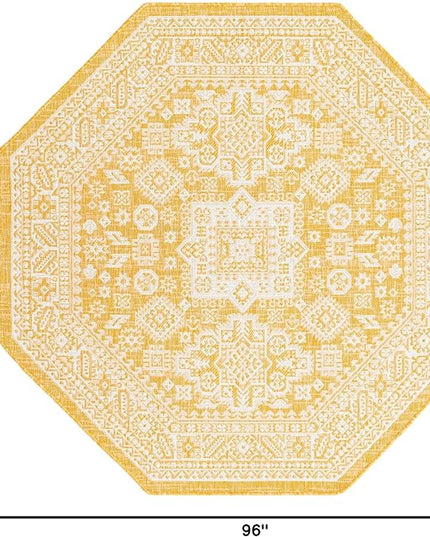 Rugs.com Outdoor Aztec Collection Rug – 8 Ft Octagon Yellow Flatweave Rug Perfect for Living Rooms, Kitchens, Entryways