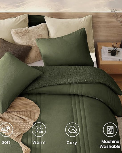 Monbix Fluffy Queen Comforter Set Olive Green, Sherpa Plush Fuzzy Comforter 3 Piece for Queen Size Bed, Luxury Soft Winter Warm Bedding Set