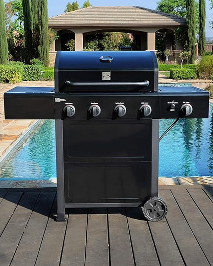 Kenmore 4-Burner Gas Grill with Side Burner, Outdoor BBQ Grill, Propane Gas Grill, Cast Iron Cooking Grates, Electronic Ignition, Warming Rack, Open Cart Design, 53000 BTUs, Black
