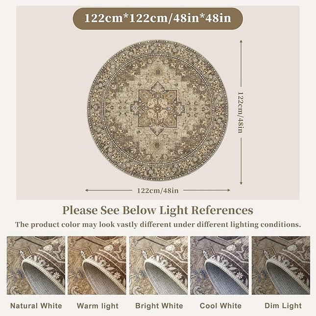 Ciicool Circle Boho Area Rug 4x4ft Round Washable Bedroom Non-Slip Vintage Entryway Throw Low-Pile Indoor Carpet for Living Room Foyer
