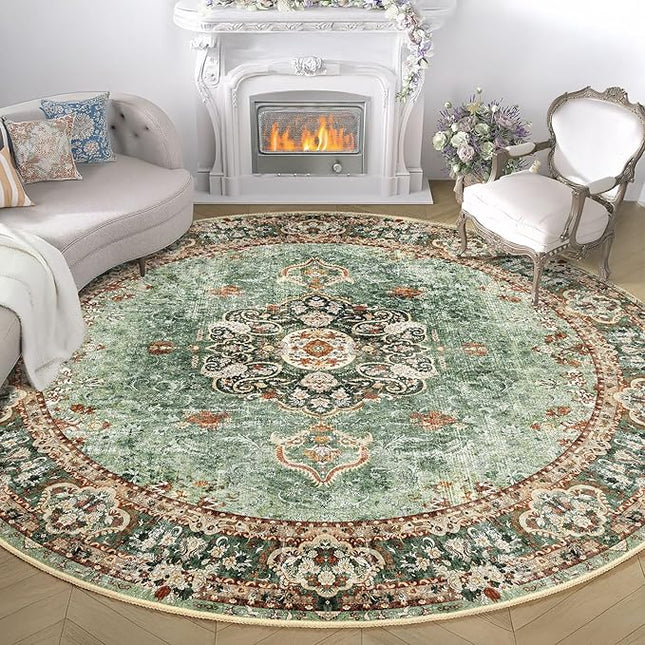 Round Rug 9ft,Large Green Circle Area Rugs for Bedroom Living Room,Washable Boho Vintage Bohemian Distressed Oriental Floral Carpet Non Slip