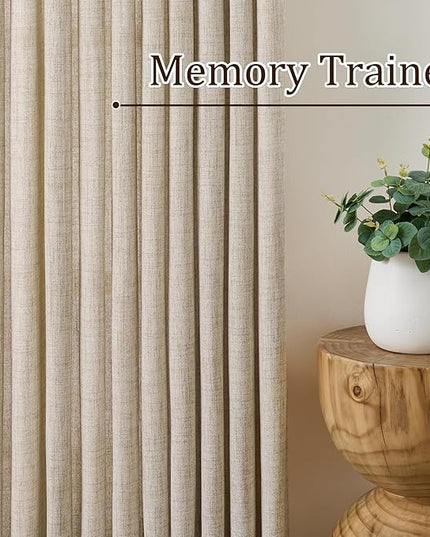Beige Sheer Pinch Pleated Curtains 90 Inches Long 2 Panels,Back Tab Pleated Drapes Hooks Thick Linen Textured Boho Farmhouse Curtain for Dining Bedroom 70 Inch Wide Each Panel