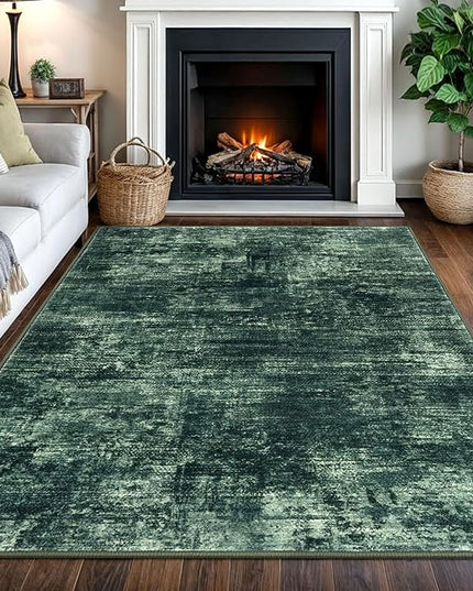 IOHOUZE Abstract Area Rugs 5x7 Ft Washable Rugs for Living Room, Non Slip Dining Room Rug, Printed Faux Wool Rugs for Bedroom, Floor Carpet for Kitchen Nursery Playroom, Dark Green