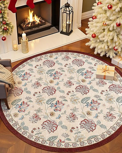 jinchan Elora 6ft Floral Round Rug for Washable Living Room Rug Vintage Romance Christmas Design Non Slip Indoor Floor Cover Lightweight Low-Profile Throw Carpet for Bedroom Porch, Red/Beige