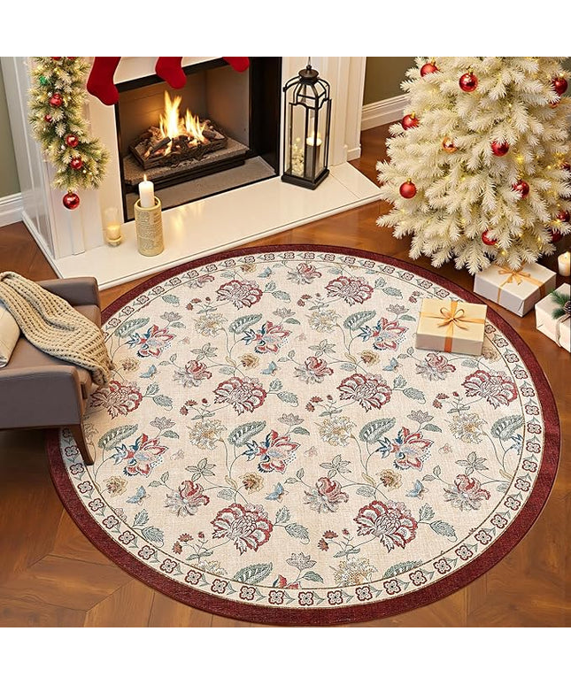 jinchan Elora 6ft Floral Round Rug for Washable Living Room Rug Vintage Romance Christmas Design Non Slip Indoor Floor Cover Lightweight Low-Profile Throw Carpet for Bedroom Porch, Red/Beige