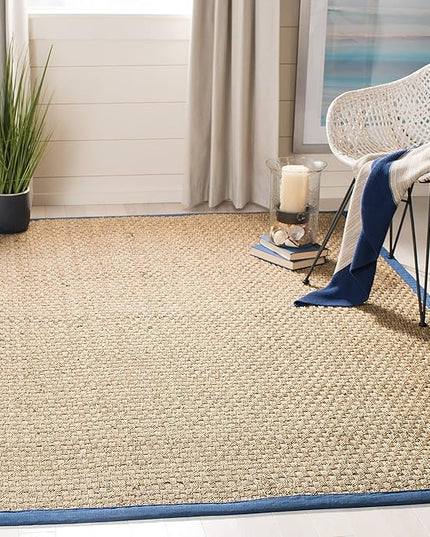 SAFAVIEH Area Rug 9x12 - Natural Fiber Collection - Large - Natural & Navy, Seagrass, Basketweave Pattern with Border (NF114T)