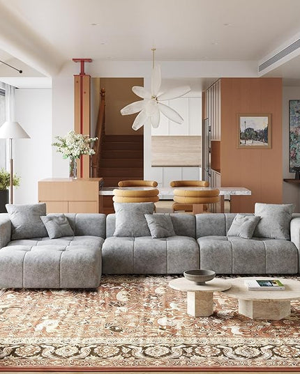 JACH 144.1 Inch L-Shaped Modular Sofas, Modern 3-Seater Couch with Chaise Ottoman, Mid Century Modern Sectional Couches, Cozy Sleeper Sofa for Apartment/Living Room (Linen Fabric, Grey)