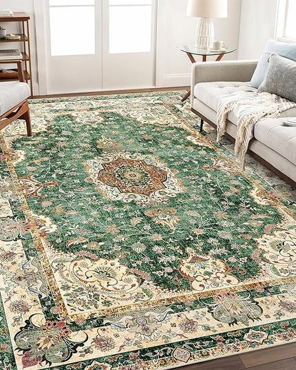 5'x7' Area Rugs Washable,Green Rug for Living Room Bedroom,Large Boho Vintage Bohemian Distressed Oriental Carpet Non Slip,Retro Sage Floral