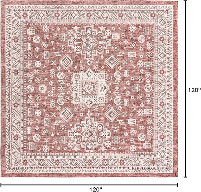 Rugs.com Outdoor Aztec Collection Rug – 10 Ft Square Rust Red Flatweave Rug Perfect for Living Rooms, Kitchens, Entryways