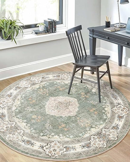 MUJOO Green Round Rug 5ft,Circle Washable Area Rugs for Bedroom Living Room Bathroom,Boho Large Non Slip Circular Carpet,Sage Floral