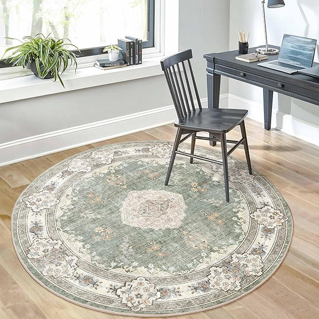 MUJOO Green Round Rug 5ft,Circle Washable Area Rugs for Bedroom Living Room Bathroom,Boho Large Non Slip Circular Carpet,Sage Floral