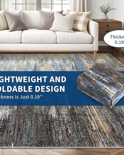 Washable Rug 5x7 Abstract Area Rug for Living Room, Non Slip Foldable Soft Rugs for Bedroom, Stain Resistant Rugs Modern Fuzzy Rug, Indoor Floor Carpet for Entryway Home, Blue/Brown