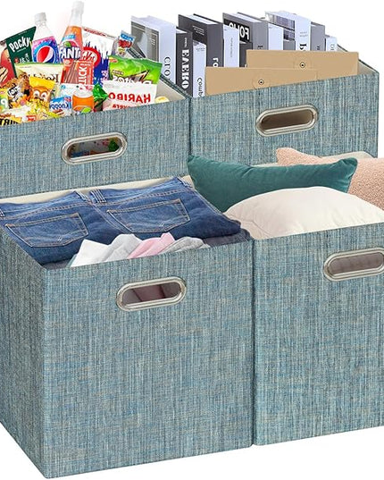 Posprica Storage Basket Bins,13×13×13 Foldable Storage Boxes Fabric Drawer Cubes for Closet Shelf Cabinet Bookcase - Set of 4,Teal