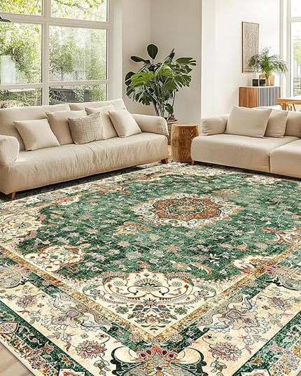 9'x12' Area Rugs Washable,Large Green Rug for Living Room Bedroom Dining Room,Boho Vintage Bohemian Distressed Oriental Carpet Non Slip,Retro Sage Floral